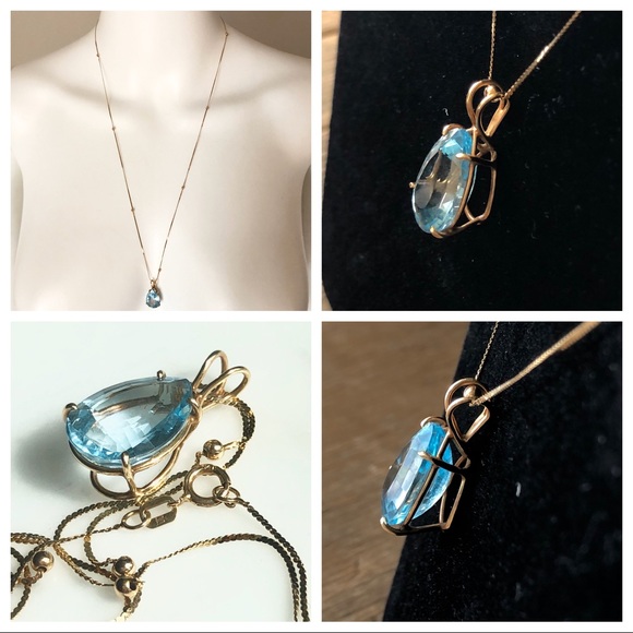 Vintage Pear Blue Topaz 14KGold Basket& 24”Chain - Picture 6 of 8